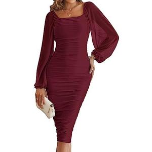 MEROKEETY Women's Long Sleeve Wedding Guest Formal Dress Fall Winter Ruched Bodycon Mesh Cocktail Party Midi Dresses Size M