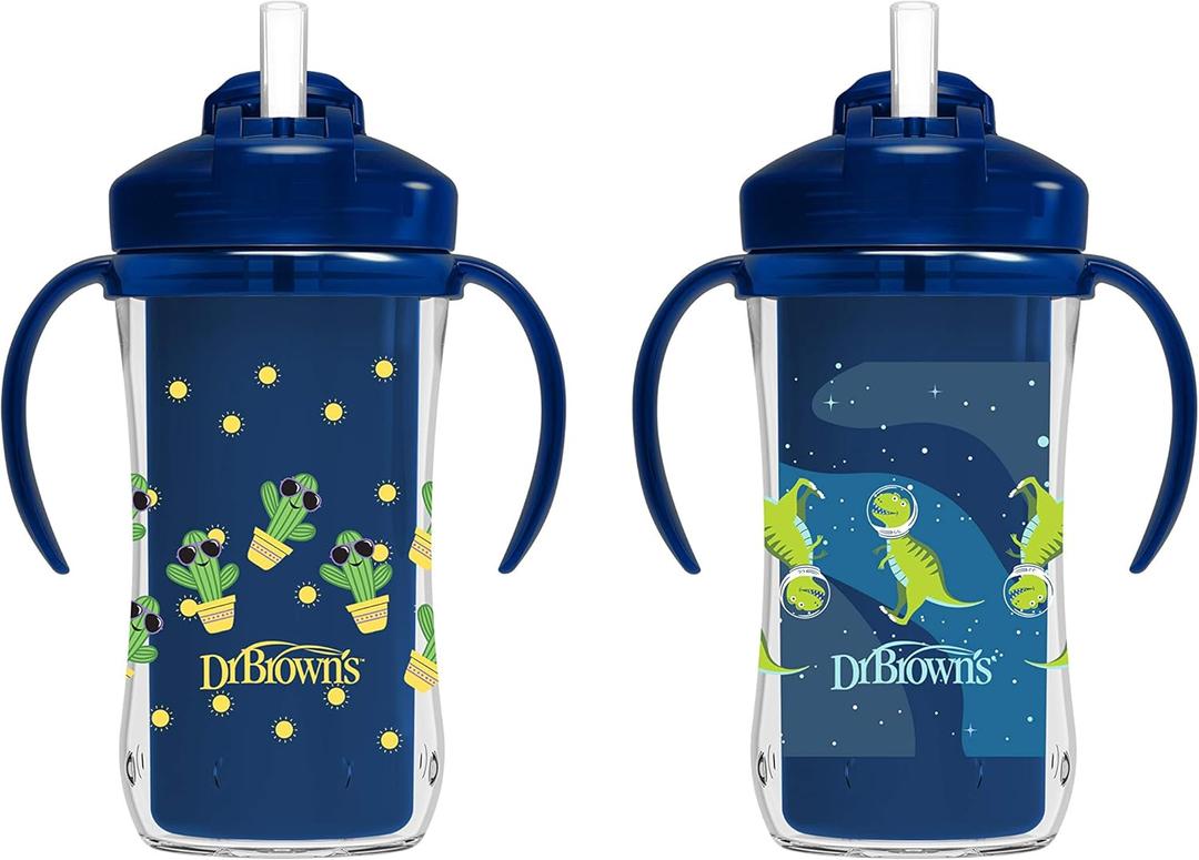 Dr. Brown's Milestones Insulated Sippy Cup with Straw and Handles, Spill-Proof Tumbler with Lid, 2-Pack, Blue, 10 oz/300 mL, BPA Free, 12m+