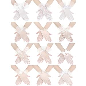 12 Pairs Women White Lace Gloves Bulk Tea Party Elegant Short Gloves Pearl Floral for Vintage Wedding Opera Party Accessories Cosplay Costume Accessory