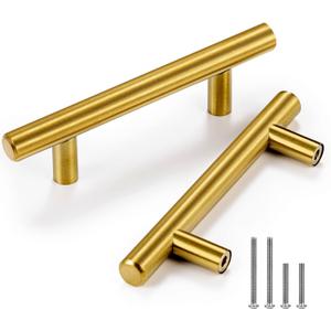 CZC HOME 10 Pack 5 Inch Cabinet Pulls Stainless Steel Drawer Handles, 3" Hole Center Drawer Pulls for Kitchen Dresser Cupboard with 2 Sizes Screws Brushed Brass