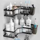 Corner Shower Caddy, 2 Pack Adhesive Shower Corner Organizer Shelves, No Drilling Stainless Steel Shower Storage Rack with Hooks&Toothpaste Holder for Bathroom, Dorm and Kitchen (9.6"9.6"2.6", Black)