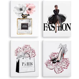 CoziTech Fashion Women Canvas Wall Art Framed, Modern Artwork for Girls Bedroom Wall Dcor Pink Flowers Perfume Art Print Handbag High Heel Wall Picture, Gift for woman, Gift for Girls. Set of 4.