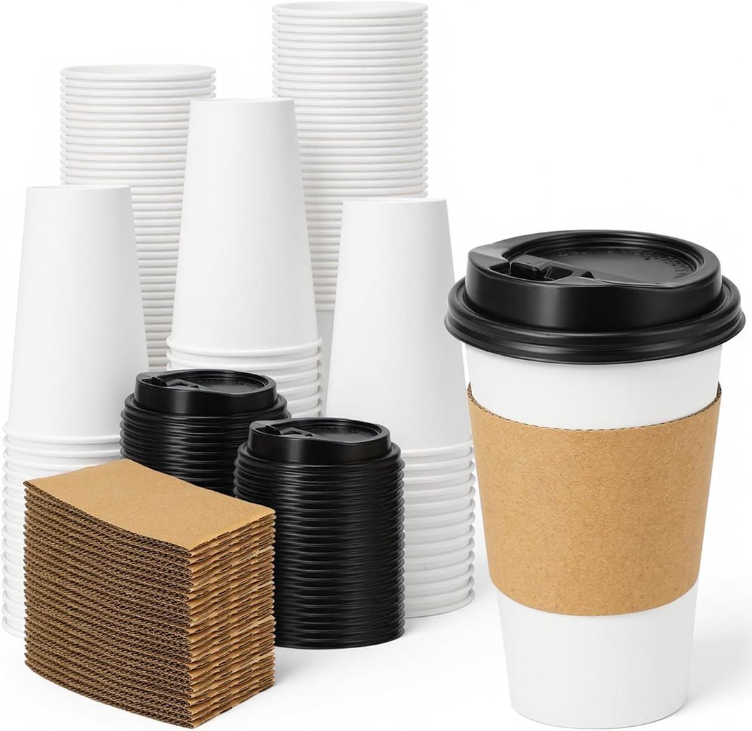 Lamosi 100 Pack 16 oz Disposable Coffee Cups with Lids and Sleeves, Leak-Proof To Go Paper Coffee Cups with Lids, Hot/Cold Beverage White Drinking Cup for Home, Office, Parties, Travel