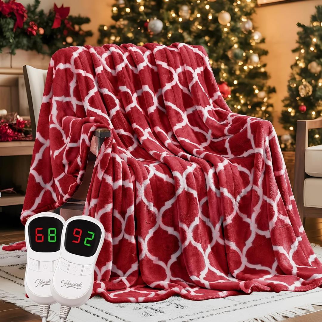 Homemate Heated Blanket Electric Queen Size - 84x90 Heating Blanket with 10 Fast Heat Levels 8 Hours Auto Off Ultra Soft Cozy Flannel Over-Heated Protection ETL Certification Keep Warming in Home (Red Geometry)