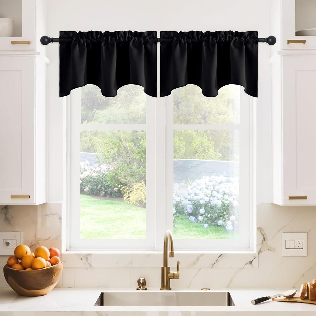 NICETOWN 2 Panels Blackout Valances Farmhouse Kitchen Window Treatment Thermal Insulated Room Darkening RV Camper Valances Rod Pocket for Kitchen/Bedroom/Office, 42 x 18 inch Long, Black