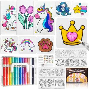 Liktoy 40Pcs Magic Foam Texture Painting Kit, 24Pcs Foam Texture Paper, 12 Colorful Brush, 2 Water Brushes, 3D Effect Texture Painting Set, Ideal for Halloween, Christmas, Birthday Gifts (cute)