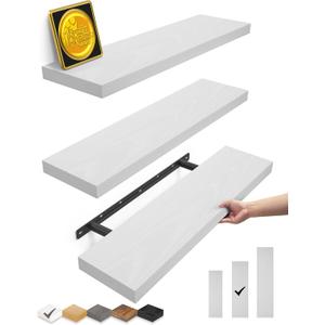 BAYKA Floating Shelves for Wall, 22.5 inches Wall Mounted Rustic Wood Shelves for Bathroom, Bedroom, Living Room, Floating Shelves for Books/Storage/Decor (White,Set of 3)