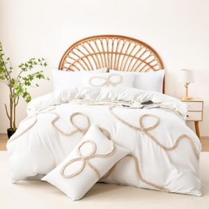 Ubo&Heng'er Duvet Cover Queen Size,3 Pieces White Bow Duvet Cover Set, Ultra Soft Chic Textured Breathable Comforter Cover for All Season,Boho Bedding Set with Zipper 2 Pillow Shams (Queen,90"x90")