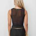 Sexy Pleated Ruched Crop Tank Tops for Women Mock Neck Sleeveless Mesh See Through Double Linery Tank Tops (Black)