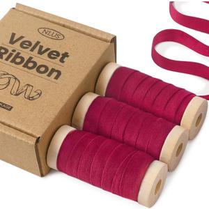 NLUS Christmas Velvet Ribbon Set with Wooden Spool, 3/8" x 15 Yd Burgundy Velvet Ribbon for Christmas Tree Decoration Gift Wrapping Handmade Craft Ornaments Bow Making (3 Rolls x 5Yd)