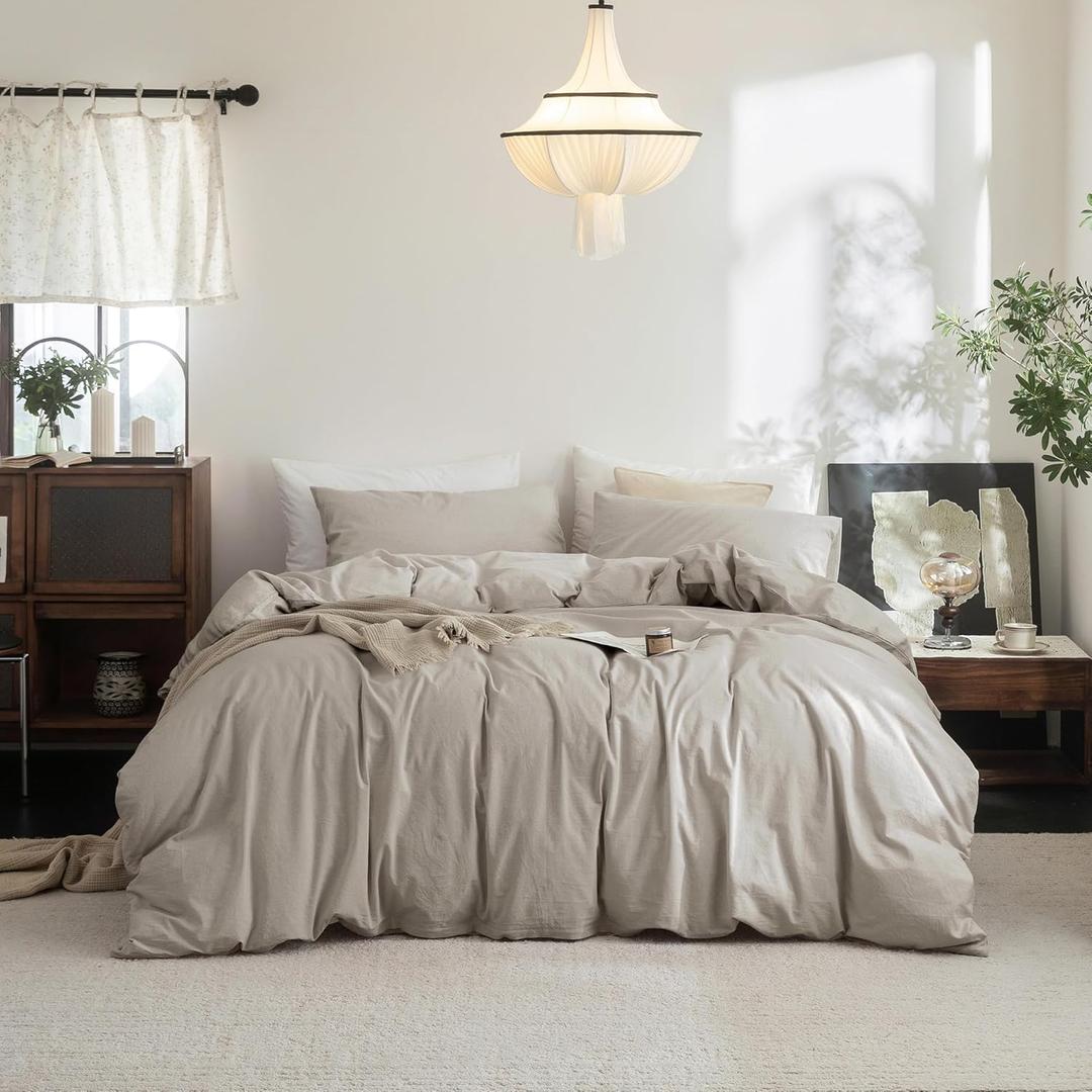 FOSSA Duvet Cover Set 100% Washed Cotton Linen Feel Super Soft Breathable Cozy 3 Pieces Bedding Sets Solid Cream Grey Queen (Beige Grey (No Comforter))