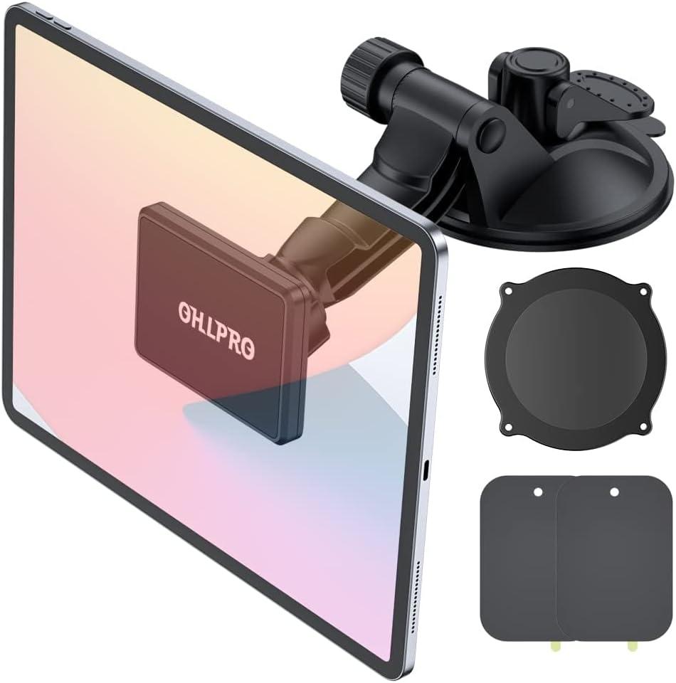 OHLPRO Dashboard Magnetic Tablet Holder for Car, Windshield iPad Car Phone Suction Cup Mount with Magnets, for All 6"-11" Apple Phones iPad Samsung Galaxy Tab Tablet, 360 Rotation, Black