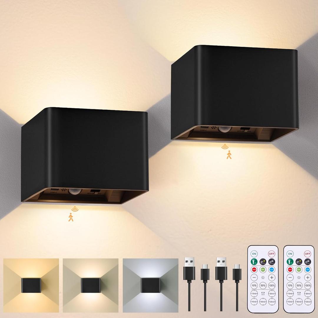 Yochoice Motion Sensor Wall Sconces with Remote Control, 6000mAh Black Wireless Touch Control Rechargeable Lamps with 3 Color Temperatures, LED Up Down Battery Operated Wall Lights Indoor, 2-Pack
