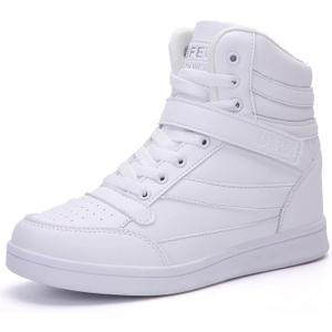 UBFEN Womens High Top Ankle Support Sneakers Vibrant Colour Hidden Wedge Heel Retro 80s Tennis Shoes for Girls Cosplay Removable Insole Backpacking Boots (11, White)