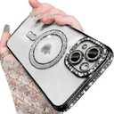 Magnetic Glitter Diamond for iPhone 15 Case[Compatible with MagSafe] Sparkle Rhinestone Camera Lens Protector Plated,Crtstal Clear Slim Military Drop Shockproof Cover for Women,Black