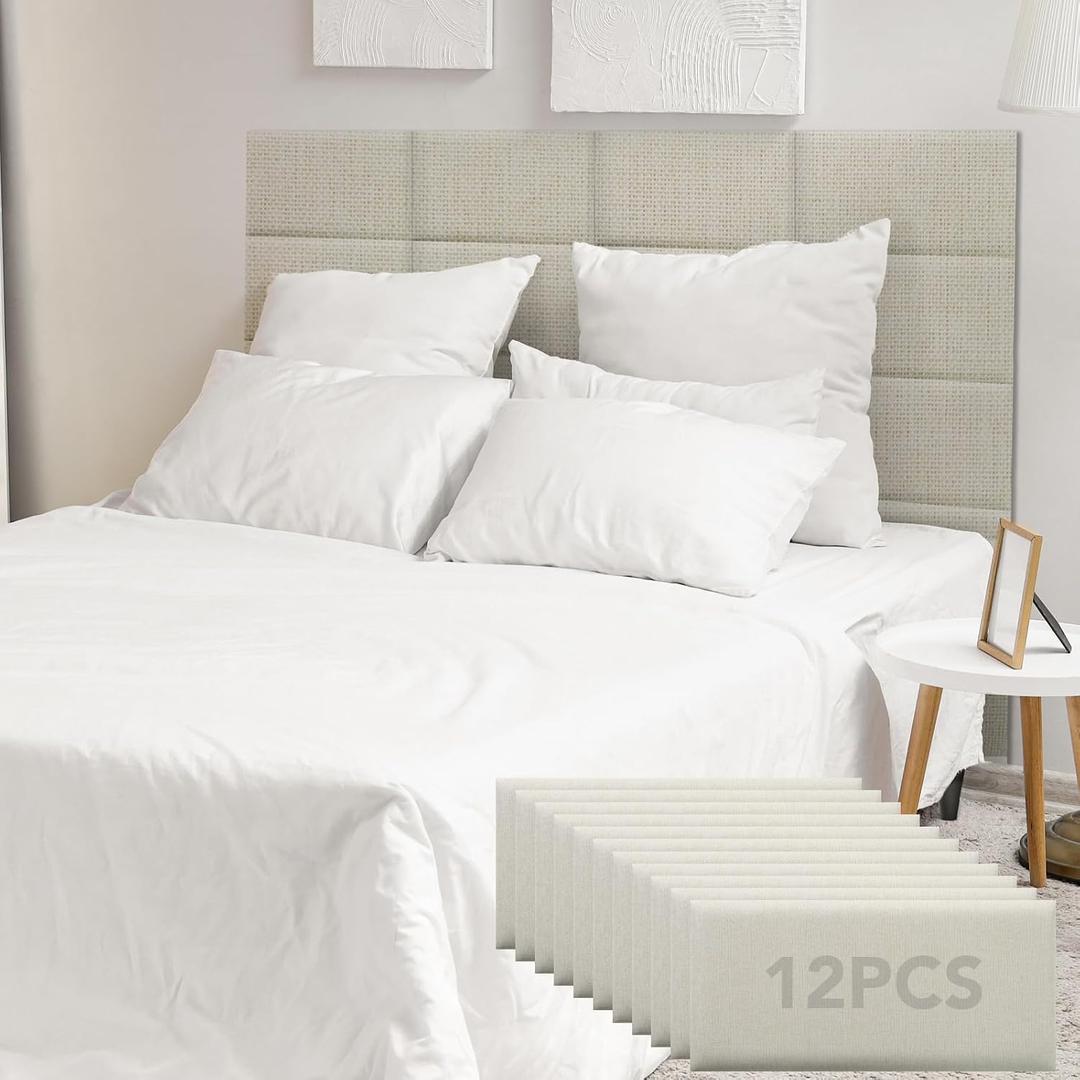 12 Piece Linen Fabric Peel and Stick Headboard, Upholstered Wall Mounted Headboard for Twin, 3D Anti-Collision Soundproof Self-Adhesive Wall Panel for Bedroom 23.62" x 9.84", 12 PACK