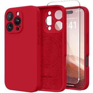 Magnetic for iPhone 16 Pro Case, Compatible with MagSafe, [Full Camera Protection][Screen Protector] Silicone Shockproof Protective Phone Case for iPhone 16 Pro 6.3", Deep Red