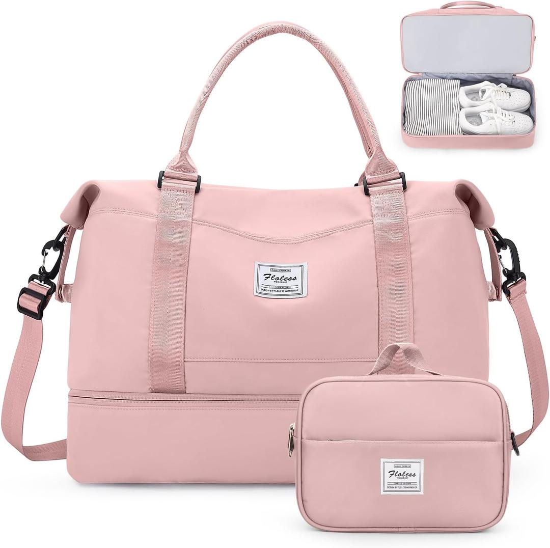 Weekender Bags for Women,Personal Item Travel Bag with Shoes Compartment,Overnight Travel Duffel Bag with Toiletry Bag (Large, Pink)