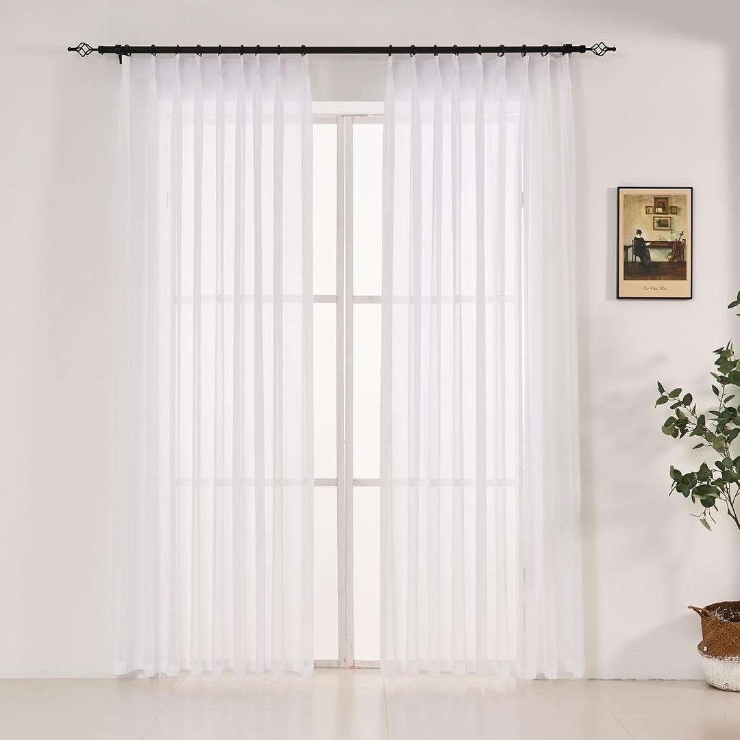 LUGOTAL 84 Inches Long Pure White Sheer Curtains 2 Panels, Pinch Pleated Curtains for Living Room Bedroom Light Filterring Chiffon Curtain & Drapes for Sliding Glass Door Pinch Pleat,W52 x L84