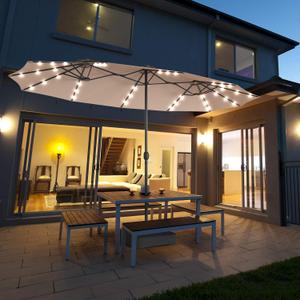 Tangkula 15 Ft Double Sided Patio Umbrella with Solar Lights, Extra Large Rectangle Outdoor Umbrella with 36 LED Lights & Crank Handle for Deck, Poolside, Garden, Backyard (Beige)