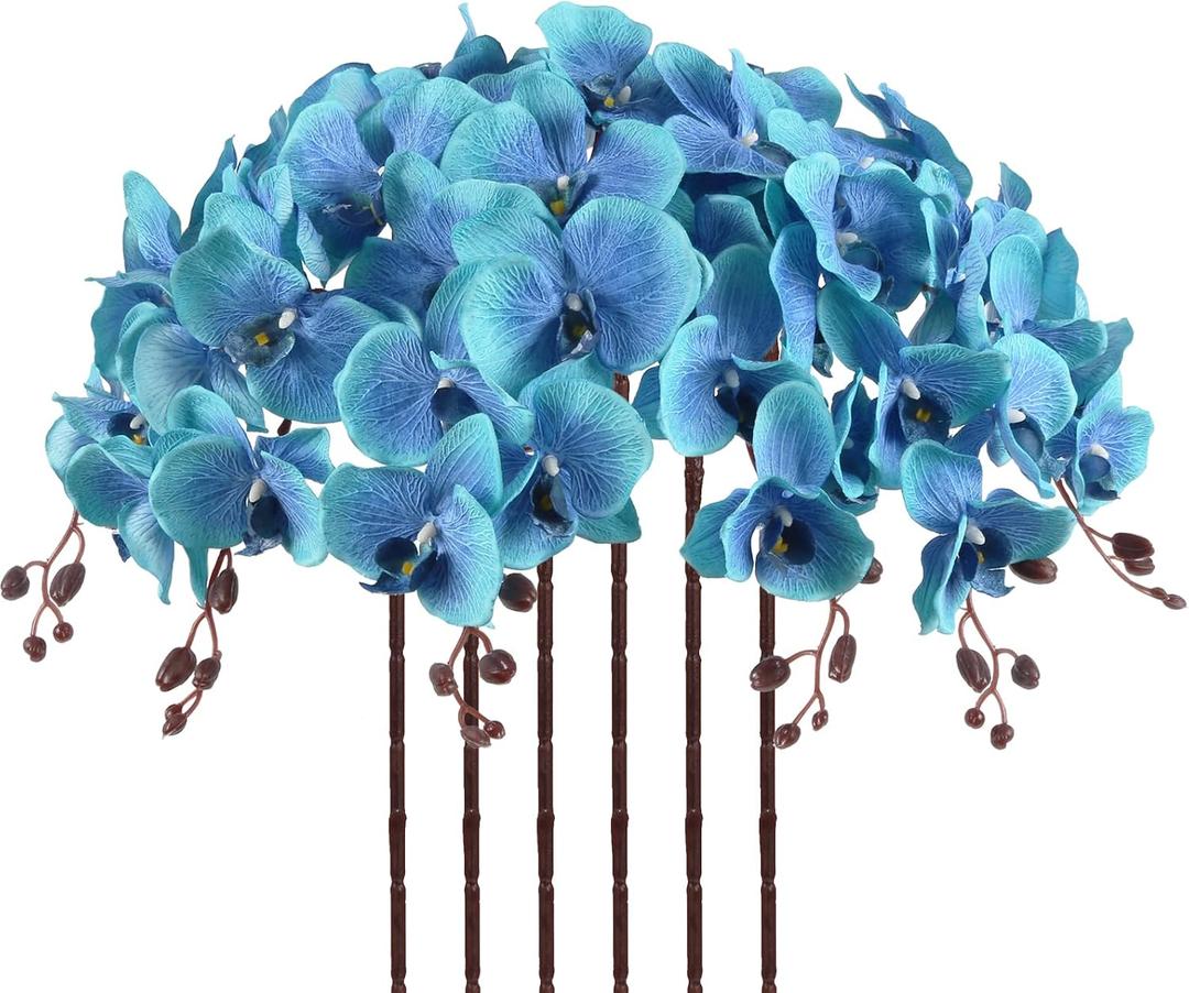 41.34" Orchid Artificial Flowers 6PCS Velvet Silk Fake Orchids Long Stem Artificial Flowers for Tall Vase for Home Wedding Decoration(Ocean Blue)