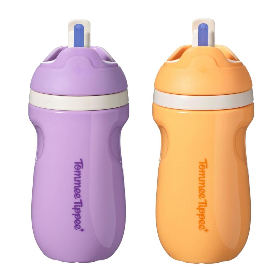 Tommee Tippee Insulated Sporty Spill-Proof 9oz Straw Training Sippy Cups for Toddlers 1-3, Sporty Carry Handle, Bite Resistant Spout, Flip Lid Keeps Straw Clean, BPA Free, Purple and Orange, Pack of 2