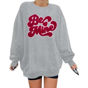 VILOVE Valentines Sweatshirts for Women Be Mine Glitter Patch Valentine Shirts Oversized Love Heart Sweater Holiday Outfits (Gray, L)
