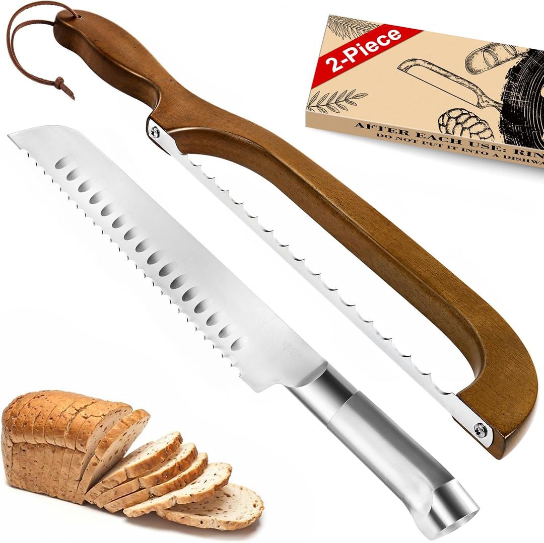 2 Pack Sourdough Bread Knife for Homemade Bread, Serrated Bread Cutter Ergo-Safe Engineering Anti-Stick Bread Bow Knife for Sourdough, Baguettes, Cakes