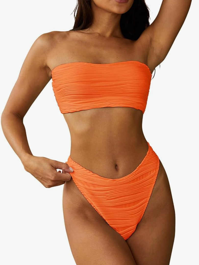 ZAFUL Women Strapless Textured Bandeau Bikini 2 Piece Swimwear Cheeky Solid Lace up Bathing Suits. Size L