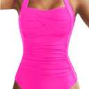 Tempt Me Women Black Tummy Control One Piece Swimsuits Push Up Slimming Bathing Suits Halter Vintage Swimwear L