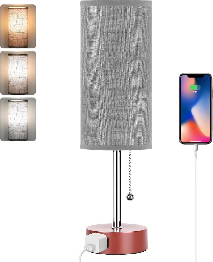 Dott Arts Table Lamp for Bedroom, 3-Color Bedside Lamps with Pull Chain, Bedroom Table Lamps for Nightstand,AC Outlet Small Lamp for Living Room, Bulb Included Grey Striped (15 in)