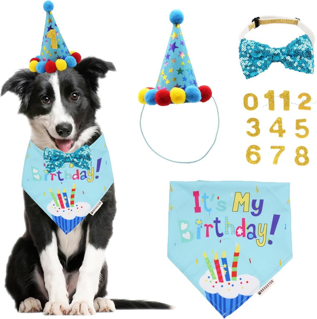 ADOGGYGO Dog Birthday Bandana Scarf and Blue Boy Pet Birthday Party Hat with Cute Bow Tie for Large Dog Pet (Large)