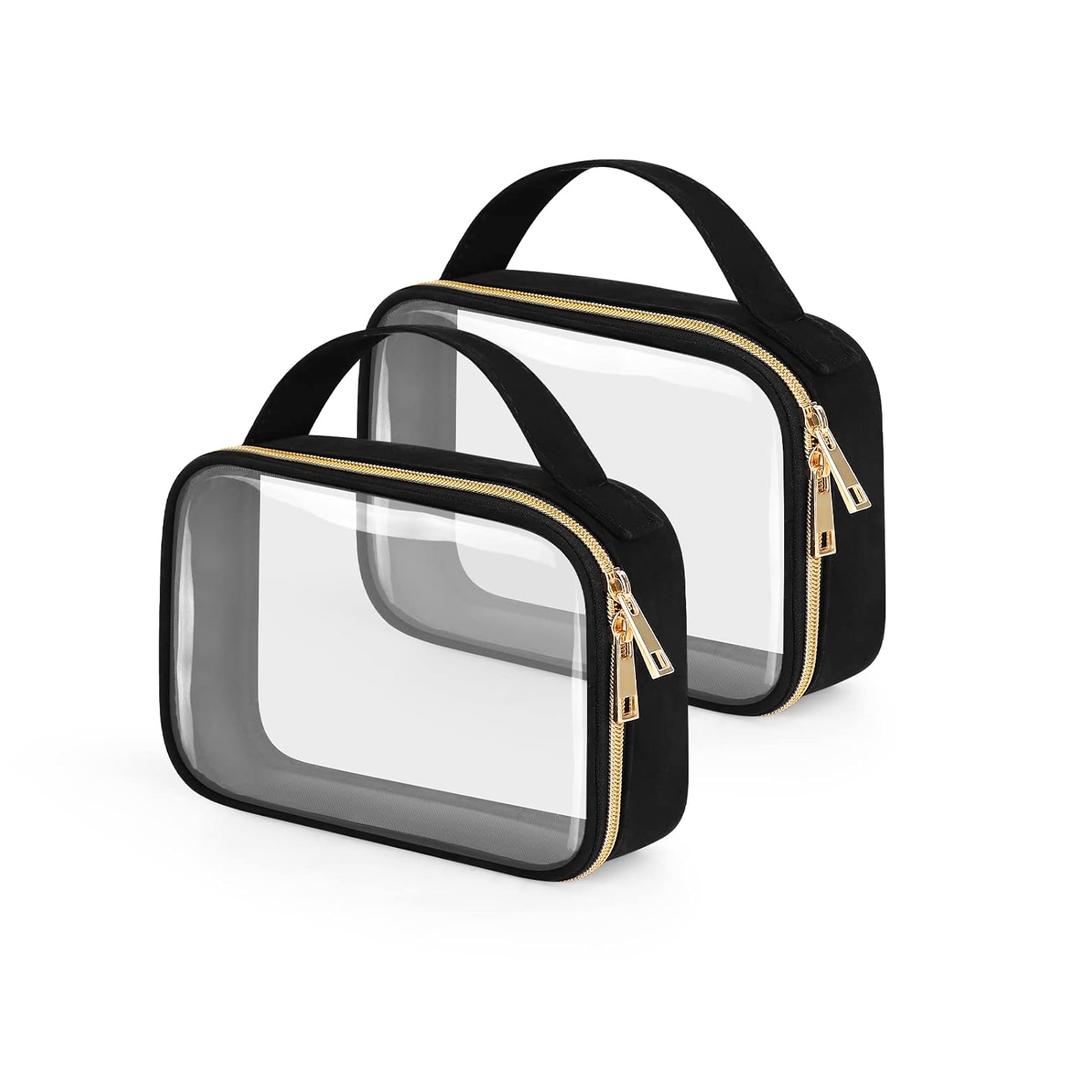 Wedama TSA Approved Toiletry Bag, 2 Pack Clear Makeup Bags with Handles, Quart Size Clear Toiletry Bags, PVC Cosmetic Bags for Women and Men, Carry on Airport Airline Compliant Bag, Black