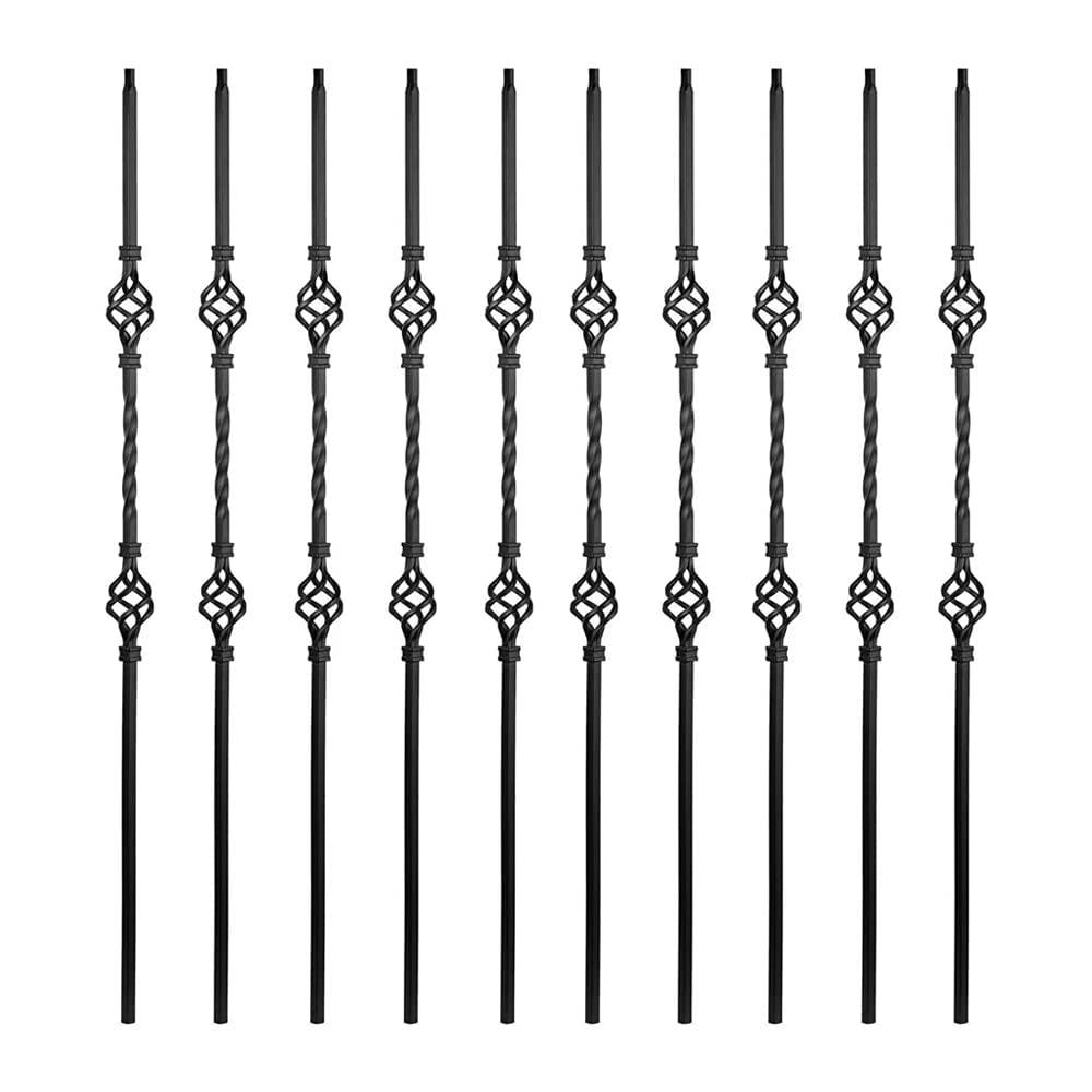 Iron Balusters for Staircase Interior (Box of 10) Stair Spindles 1/2" Square Balusters - Hollow Double Basket Single Twist Stair Balusters (Real Satin Black), E06