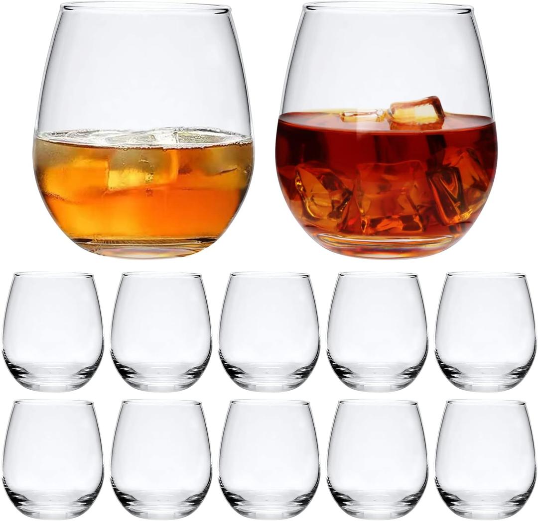 Stemless Wine Glasses Set of 12, 16 OZ Stemless Wine Glass Cups,Clear Christmas Red Wine Glassware White Wine Glass Tumblers,Elegant Crystal Bourbon Glasses Water Cups for Wine,Whiskey