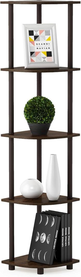 Furinno TURN-N-TUBE Corner Shelf, 5-Tier Corner Bookshelf, Open Storage Shelves, for Organization and Storage, Living Room, Home Office, Garage, Bedroom, Walnut (1-Pack)