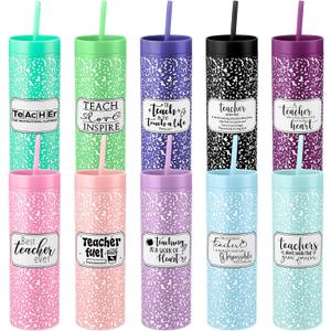 Teenyyou 10 Pcs Teacher Appreciation Week Gifts 16 oz Inspirational Plastic Tumbler with Lid and Straw Thank You Gift for Mentor Back to School Graduation Party Favors Teacher Day Gifts for Women