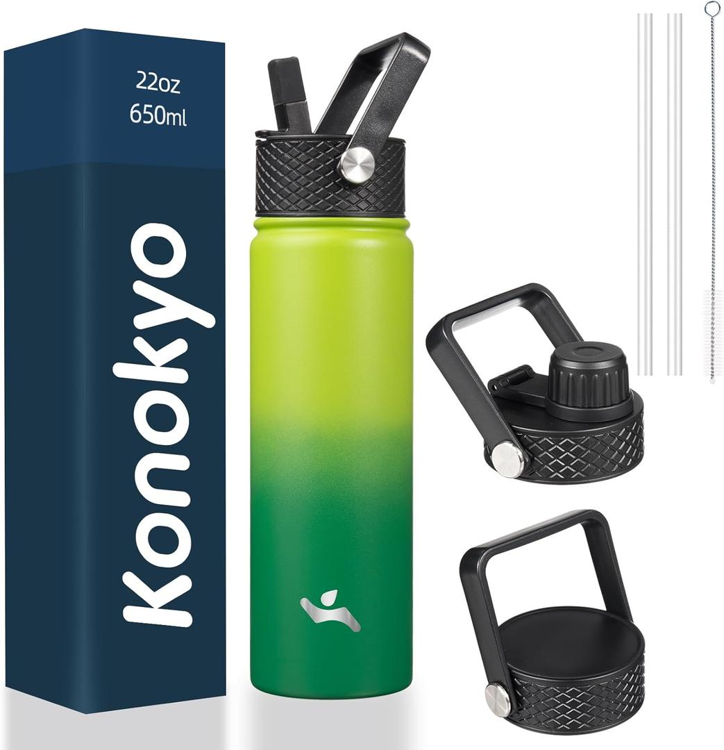 22 oz Stainless Steel Bottles with 3 Lids Sport Insulated Water Bottle, Bamboo Groove