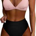 SUUKSESS Women High Waisted High Cut Bikini Set Sexy Triangle Two Piece Swimsuits (Small, 127 Pink Black)