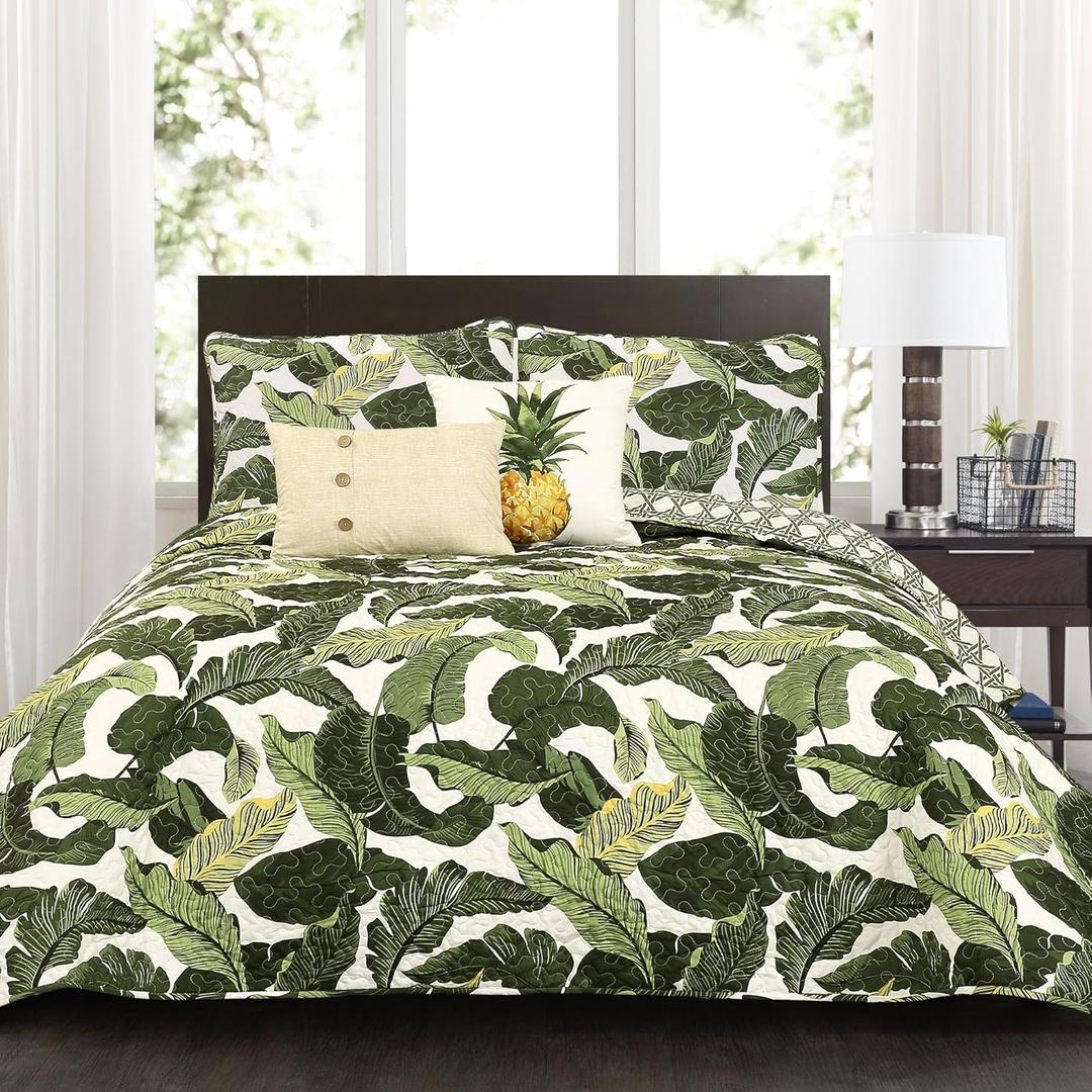 Lush Decor Tropical Paradise Quilt - Leaf Palm Rainforest Reversible 5 Piece Bedding Set - King - Green