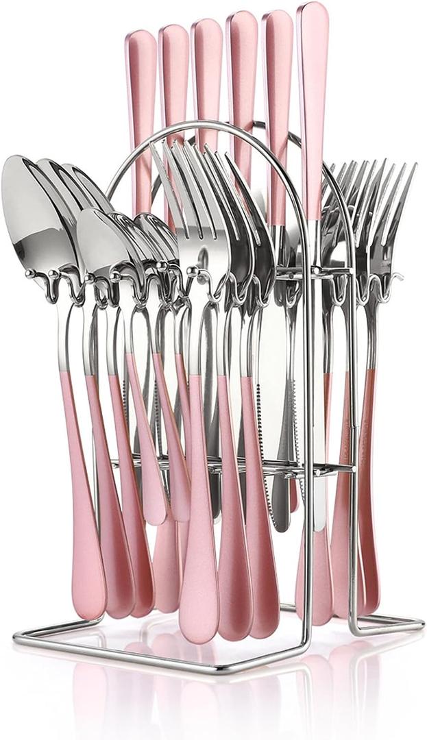 24 Pieces Flatware Set, Caliamary Stainless Steel Flatware Set with Silverware Holder Spoons Forks Knives,Utensils Set Service for 6,Gold Mirror Polished and Matte Pink Painted (Pinkish Silver)
