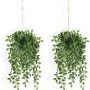 Fake Hanging Plants Indoor - 2 Pack Faux Greenery Plant for Home Decor Artificial Potted Vines with Black Plastic Planter for Bedroom Living Room Garden Front Porch Table Shelf Wall Decoration
