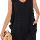 Beach Swimsuit Cover Up for Women, Swiss Polka Dot Bathing Suit, Classic V Neck Dress with Pockets (Size Large, Black)