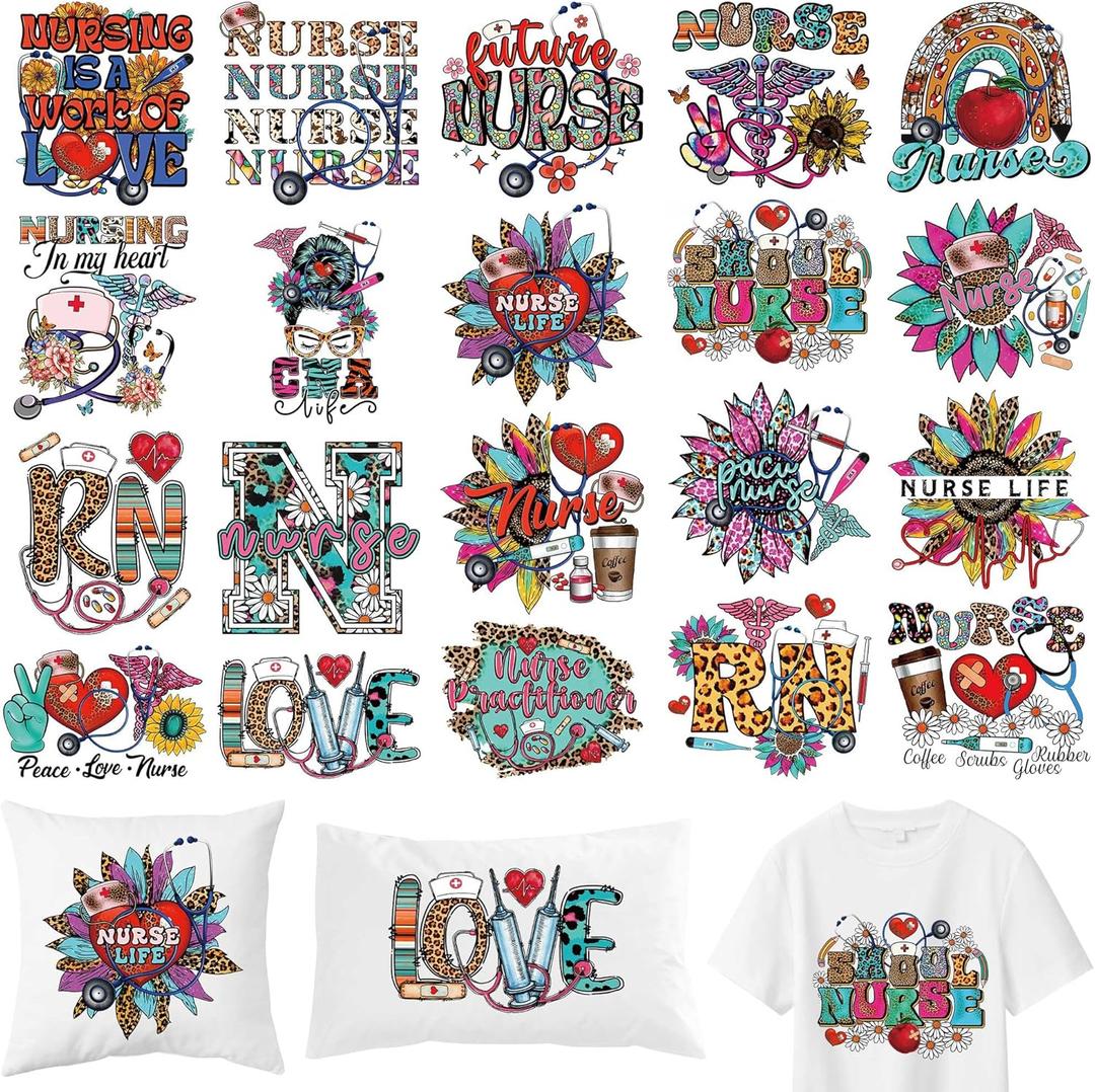 Nurse Iron on Transfers for T-Shirts, 20 Pcs Inspirational DTF Transfers Ready to Press, Appreciate Nurse Iron on Patch Decals, Heat Transfer Vinyl for Bag Clothing DIY Craft