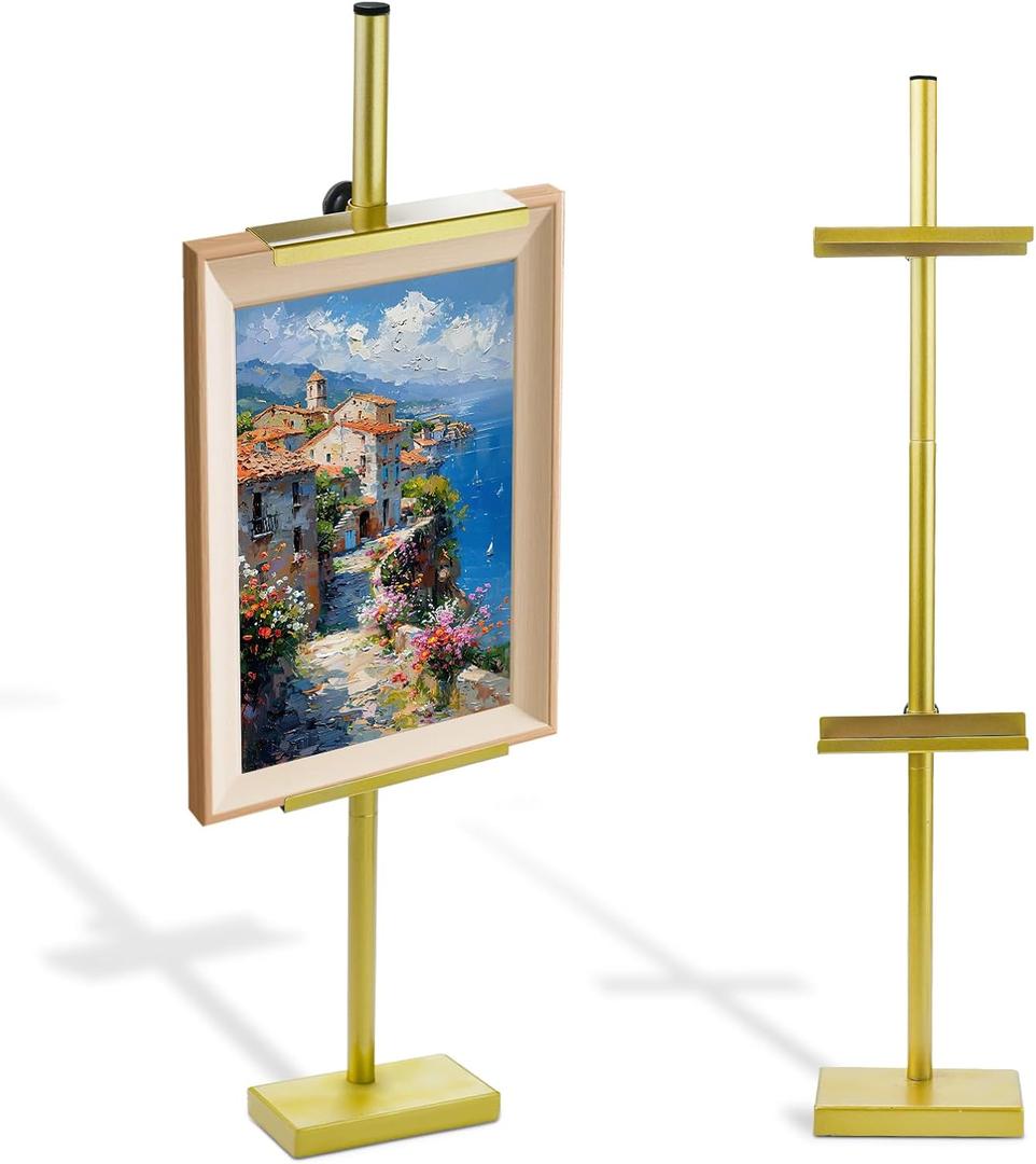 Tabletop Picture Frame Stand, Adjustable Easel Stand for Frames Up to 29" H, Sturdy Metal Table Top Easel & Picture Stands for Display - Perfect Easel Stand for Sign, Artwork, Canvas-Gold