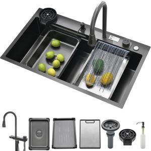 Waterfall Kitchen Sink, Top Mount/Drop-In Black Stainless Steel Single Bowl Workstation Sink, Large 3-in-1 Modern Multifunctional Kitchen Sink for Washing, Draining & Cutting (Black, 27 * 18in)