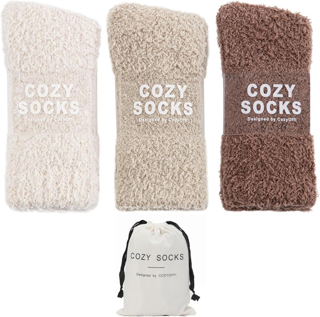 Cozy Socks for Women Gifts: 3 Pairs Luxe Cloud Fuzzy Socks for Home Sleep (Beige/Khaki/Brown(3 Pairs))