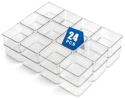Hudgan 24-Piece Small Plastic Drawer Organizer Bins, Stackable Makeup Vanity and Office Desk Drawer Dividers, 3.5" x 3.5" x 2" Square Trays