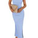 PRETTYGARDEN Women's Summer Bodycon Maxi Tube Dress Ribbed Strapless Side Slit Long Going Out Casual Elegant Party Dresses (Light Blue,Small)