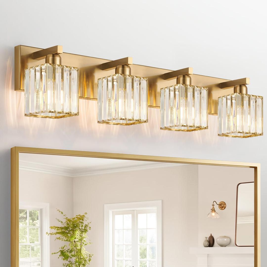 Brushed Gold Bathroom Light Fixtures 4-Light Crystal Vanity Lights